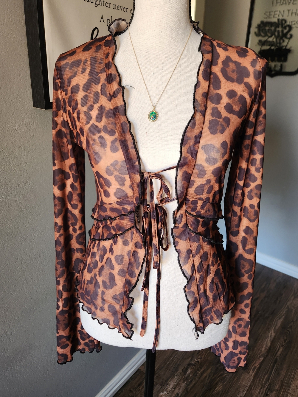 Leopard Print Sheer Tie-Front Top - Brown